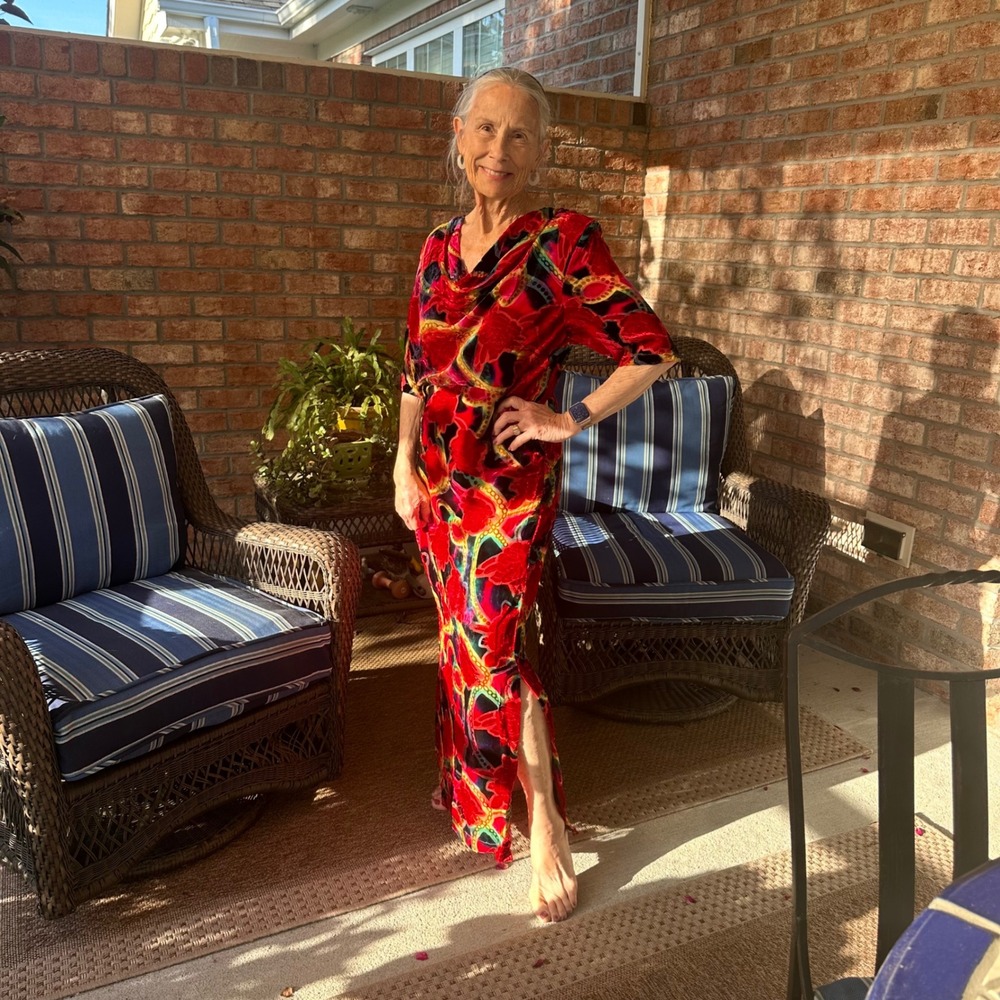 NWT Aliki Yamani Creations Red Floral Chain Silk Velvet Cowl Neck Maxi Dress Med